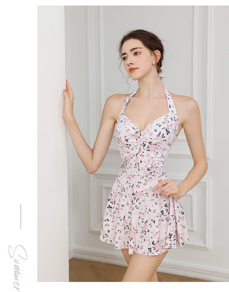 New In Summer 2025 Floral Print String Swimsuit Deep V Neck Halter Sexy Mini Dress For Women Beach Swimsuit Dress Bikinis Sets