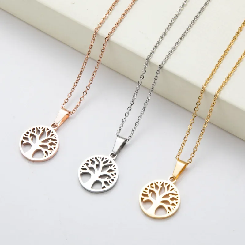 2024 Fashion Gold Color Tree of Life Circle Pendant Necklace for Women Luxury Lucky Tree Stainless Steel Choker Chain Jewelry