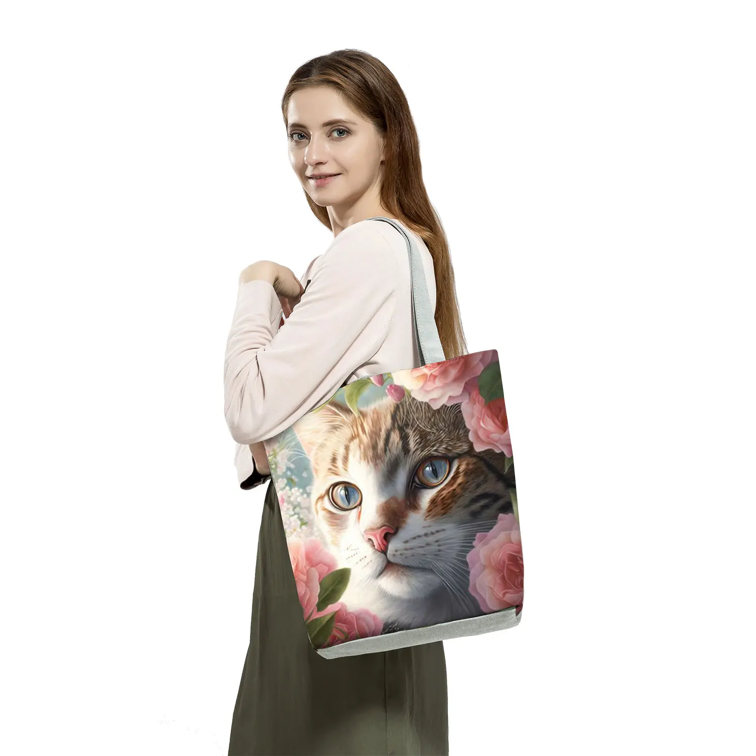 Bolso de mano reutilizable ecológico para mujer, bolsa de hombro con estampado de gato Floral de dibujos animados, informal, de alta capacidad