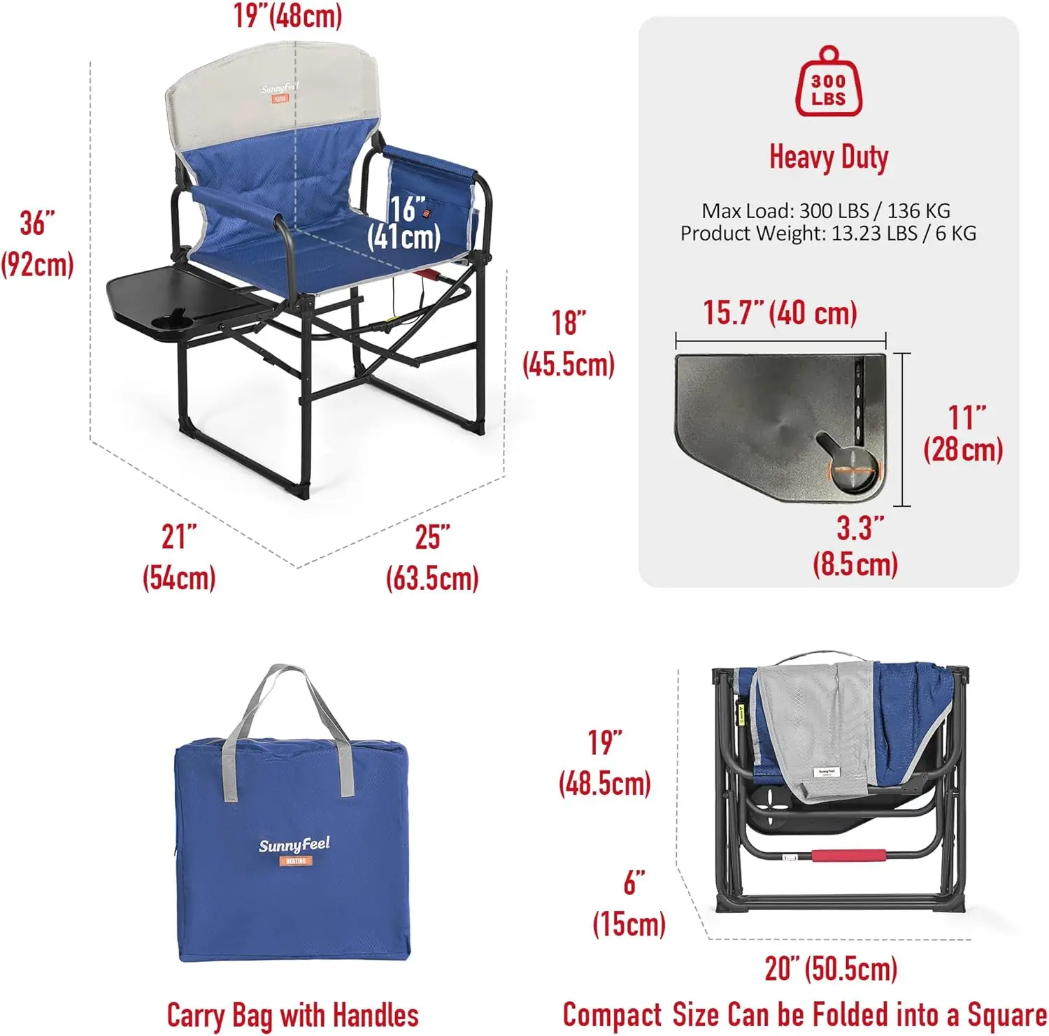 Heated Camping Directors Chair, Heavy Duty,Oversized Portable Folding Chair with Side Table,Pocket for Beach,Fishing,Trip,Picnic