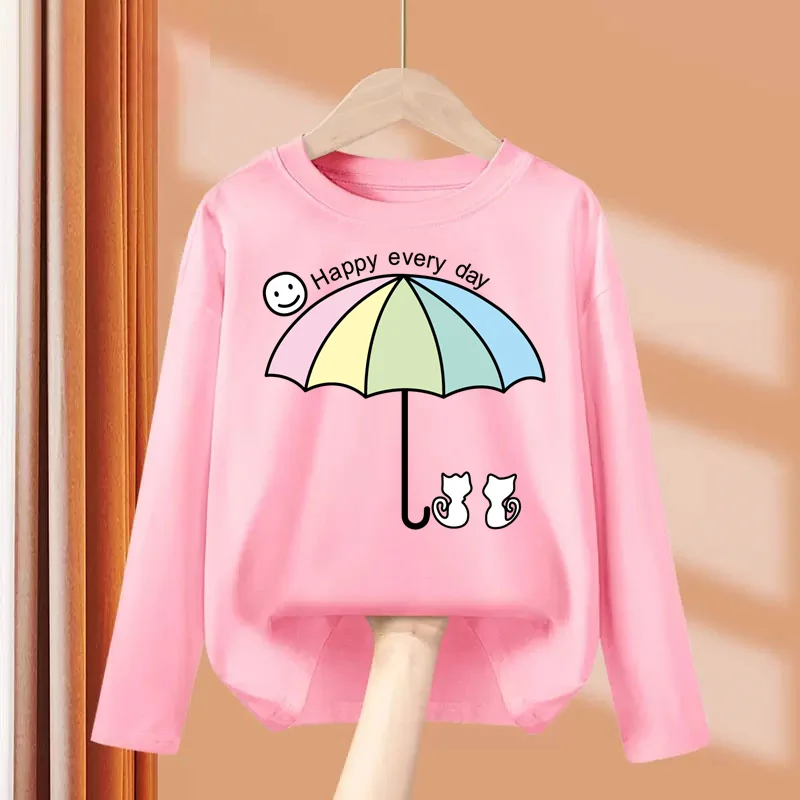 Aimi Lakana Kids Cute Print Clothing Umbrella Cat Design T-shirt Girl Spring Autumn Tops Cotton Casual Dresses 3-14T