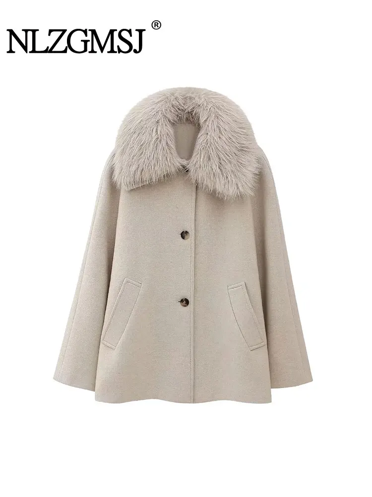 

TRAF 2024 Autumn Women's Coat Long Sleeve Faux Fur Collar Jackets Woman Woolen Coats For Women Warm New Outerwear Winter