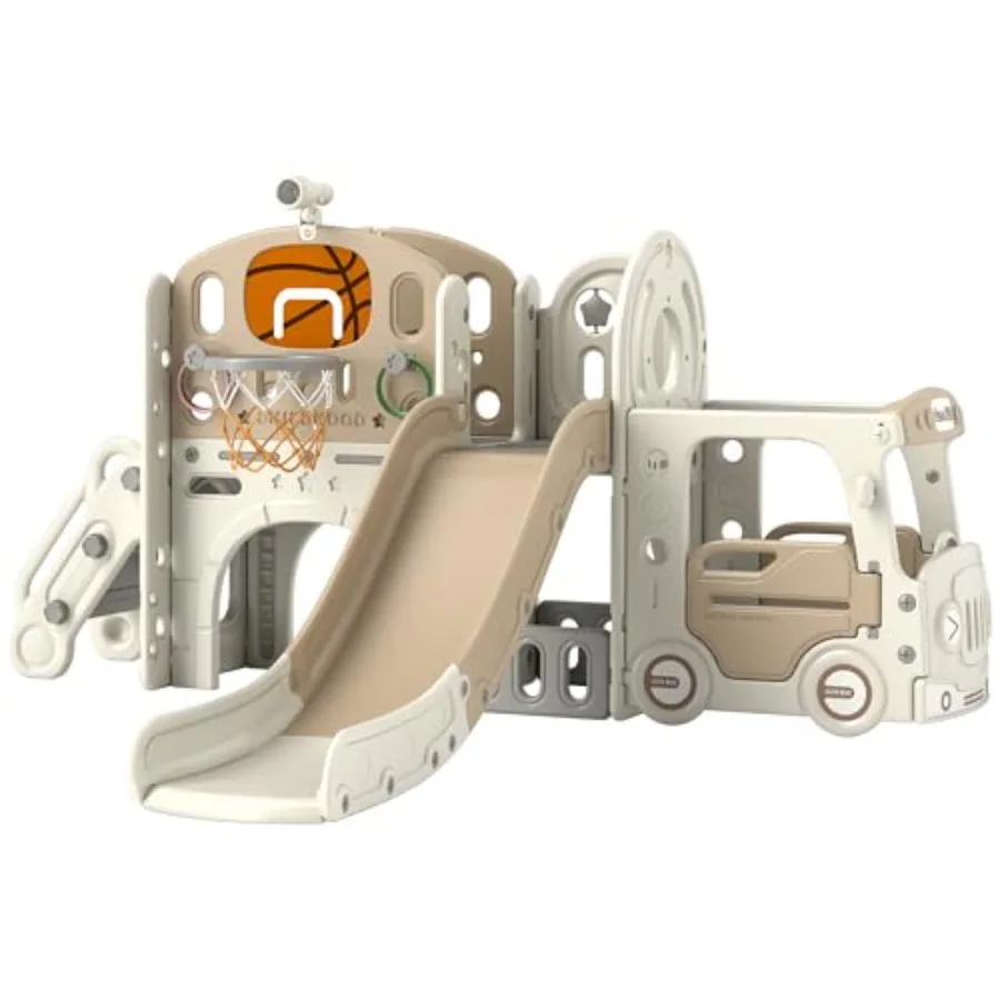 9 in 1 Toddler Slide Indoor Slide for Ages 16 Car Themed Baby Slide with Basketball Hoop Climber Storage Space Ring Toss Telesc