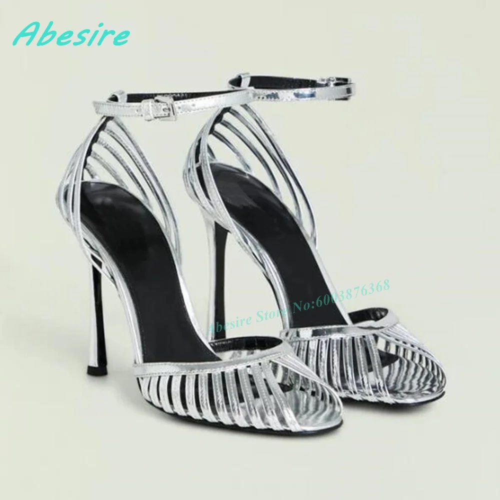 

Gold Metallic Hollow Cage Sandals, Ankle Strap Open Toe Slim Stiletto Luxury Party Dress Heels
