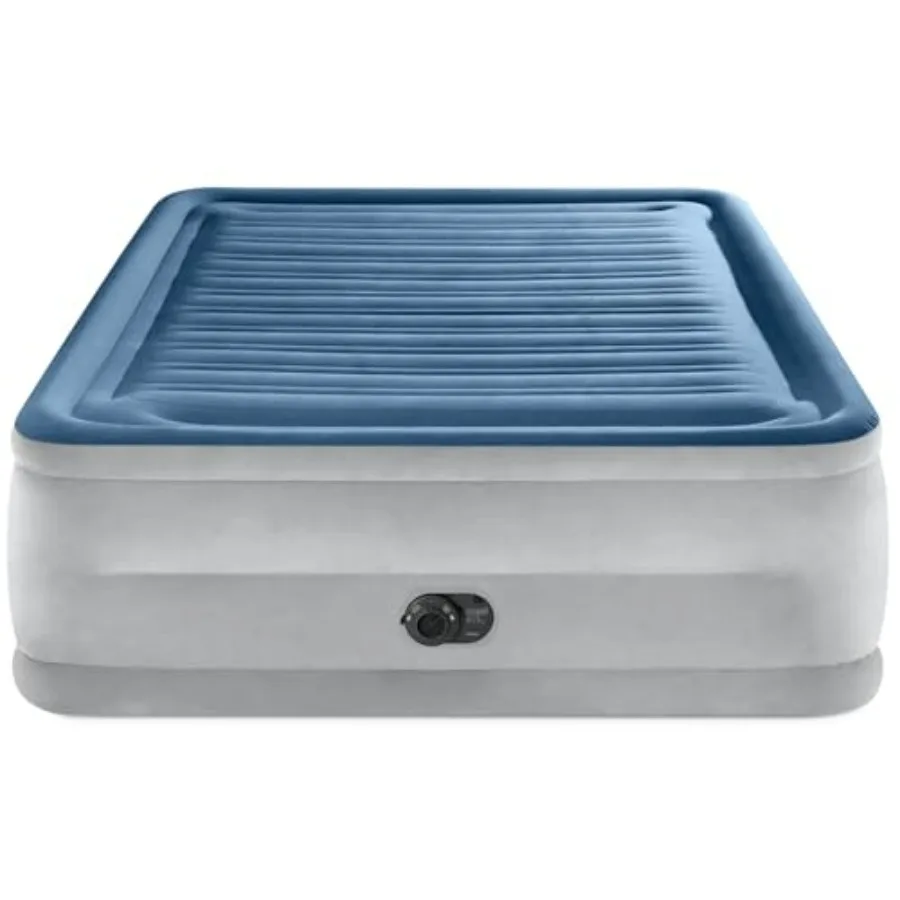 

Queen air mattress for home/camping: blue Comfort-Plush Dura-Beam with built-in pump, Fiber-Tech durability, carry bag, 600lb c