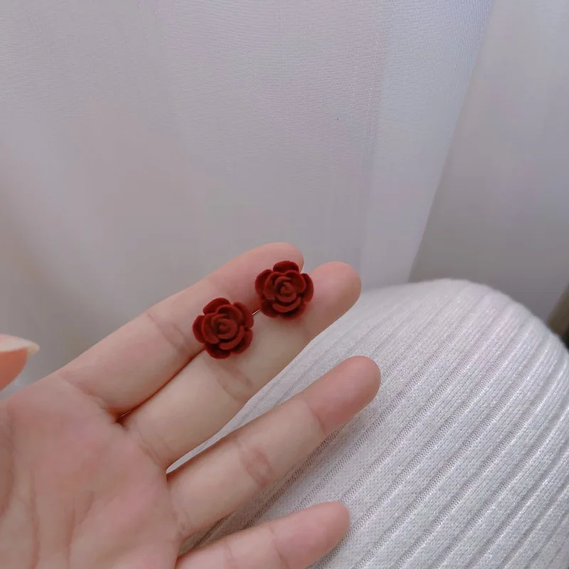 Wine Red Flocking Flower Velvet Small Exquisite Stud Earrings for Women Korean Lovely Temperament Jewelry Lady Brincos Girl Gift - view 5