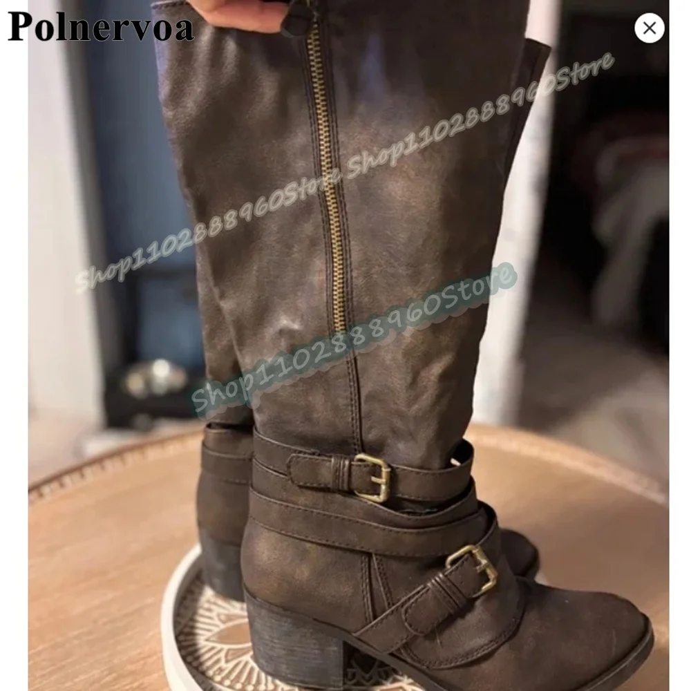 

Handmade Knee High Leather Buckle Strap Knight Boots Thick Heel Shoes For Women Side Zipper Round Toe Fashion Casual Women Boots