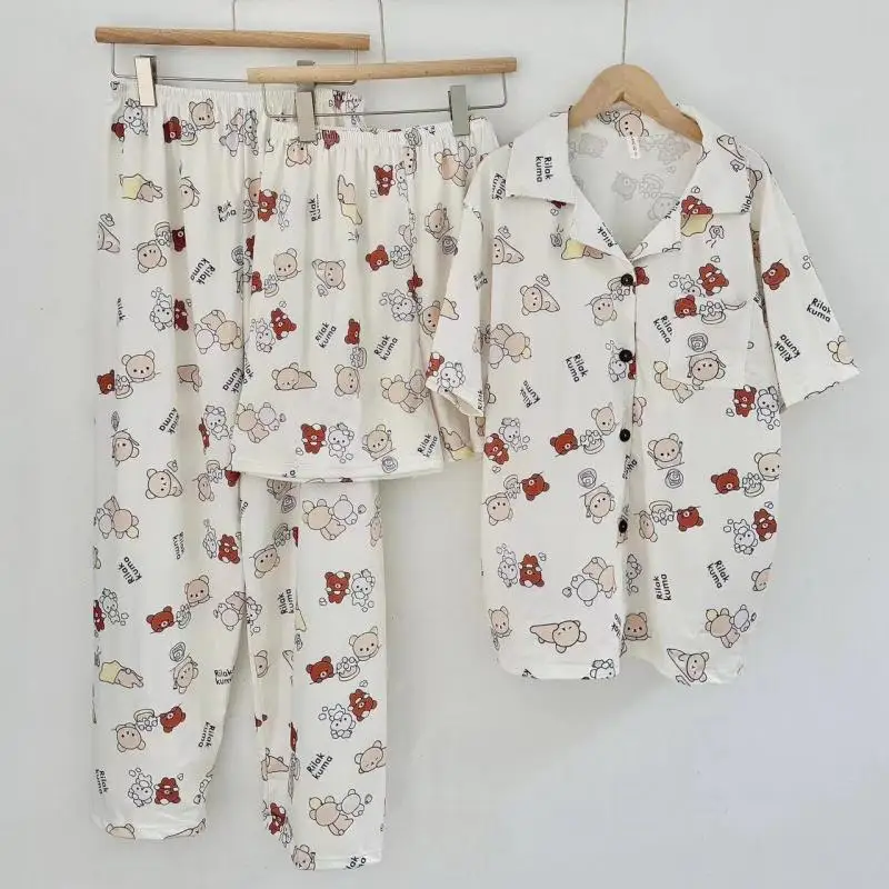 New Kawaii Cute Rilakkuma Pajamas Summer Loose Short Sleeved Pants Three Piece Set for Otaku Loungewear Ins Gift For Girls