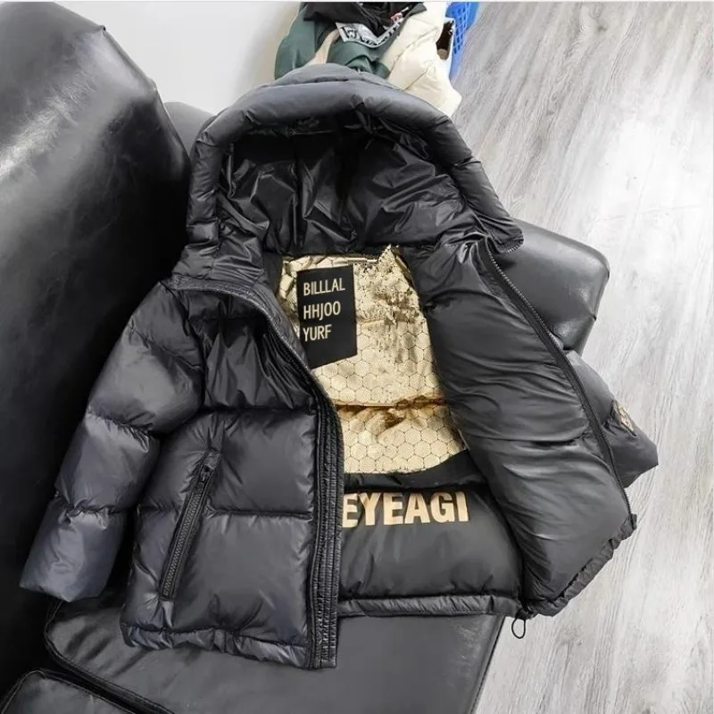

Korean Unisex Fleece Warm Winter Coat for Kids Boys Solid-color Hooded Black-gold Down Jacket for Girls Children's Outerwear