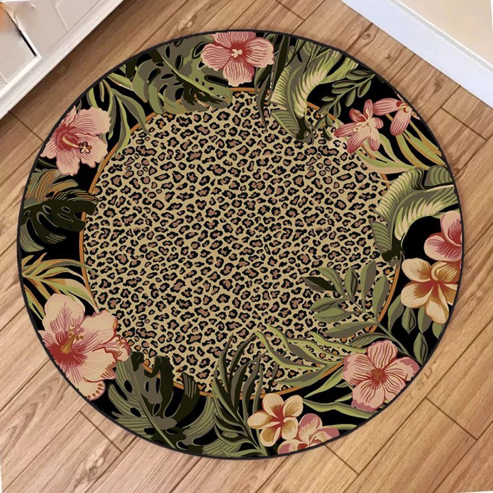 Print Round Rug – Leopard, Zebra & Tropical Floral Mix, Soft Non-Slip Mat for Living Room