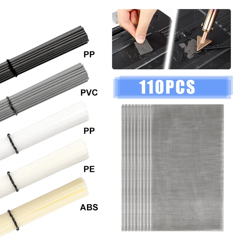 110Pcs Plastic Welding Kit,ABS PP PVC PE Plastic Welding Rods,Stainless Steel Welding Repair Mesh,Car Bumper Repair Tool