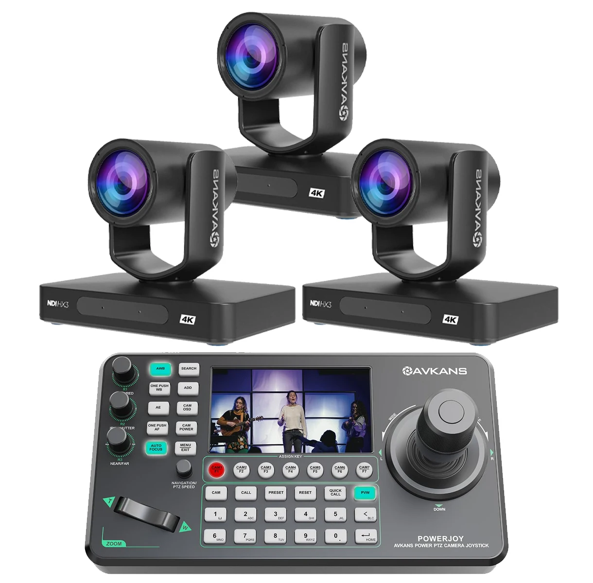 

product card AVKANS PTZ Camera Bundle Kits, 3pcs AV4KN AI Auto Tracking 12X NDI Camera and 1 pcs Super PTZ Joystick Controller