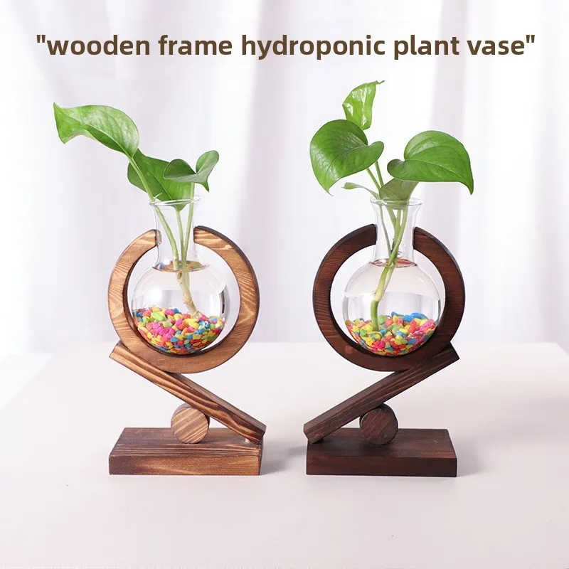 

Hydroponic plant transparent glass wooden frame vase,simple decorative desktop ornament,lazy green plant,flower pot