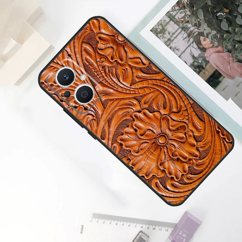 Brown Hand Tooled Western Case For OPPO Reno 10 Pro 11 F 8T 4Z 5Z 4 5 6 7 8 Lite OPPO Find X5 X6 Pro X2 X3 Lite Cover