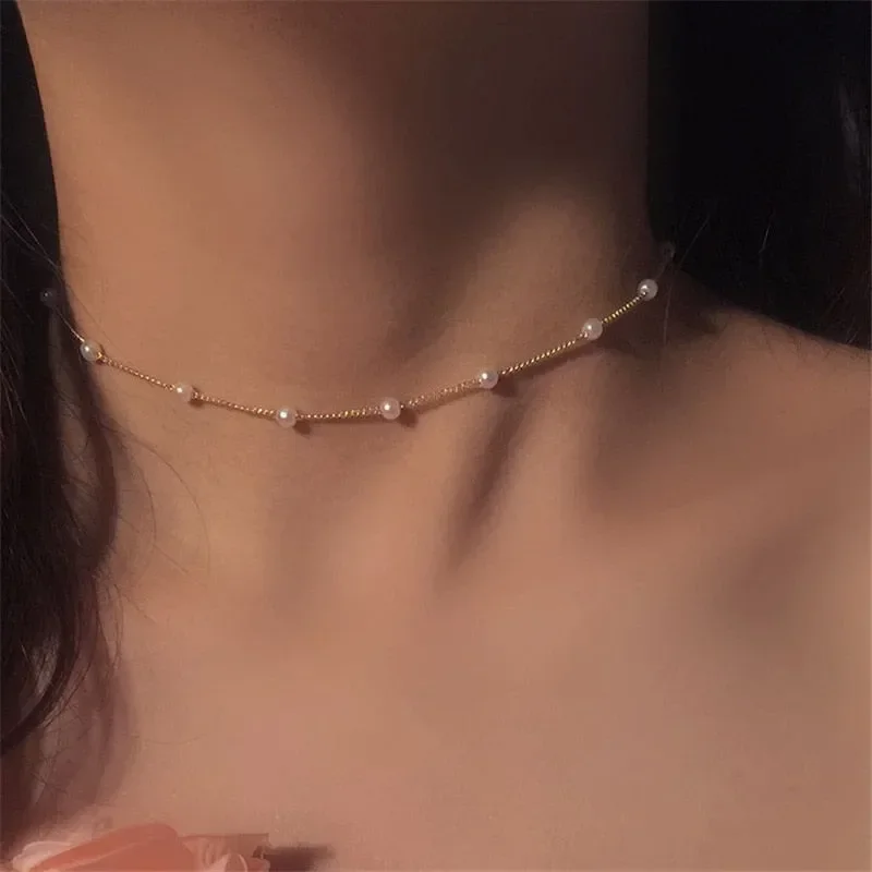 Women\'s Neck Chain Korean Style Pearl Choker Necklace Gold Color Jewelry Pendant Necklaces 2023 Collar for Girl