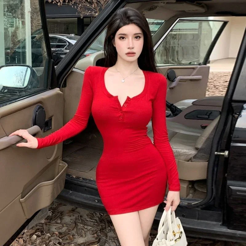 女性のドレスソリッドカラーボディコン長袖セクシーな O ネックフロントボタンドレス