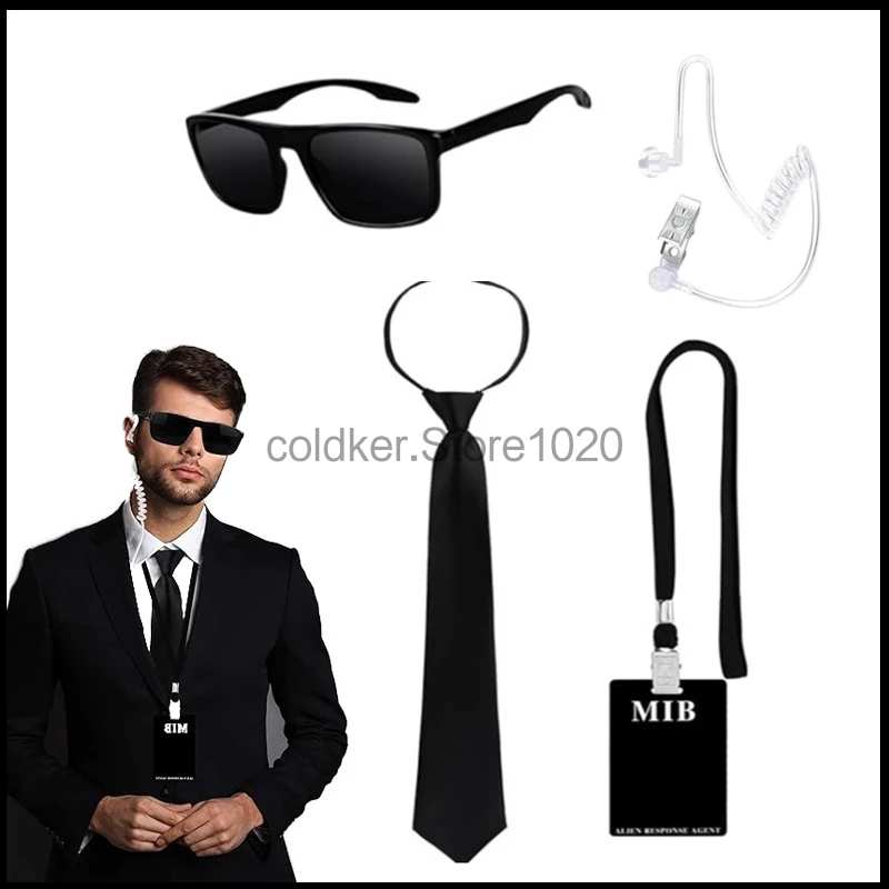4PCS Set Adult Security Costume Accessory Spy Cosplay Sunglasses Tie Headset Employee Card Suit Halloween Party Roleplay Props