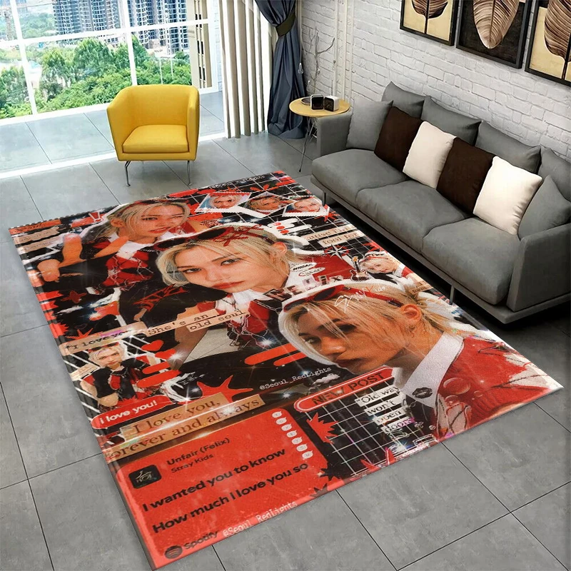 Kpop Felix Stray Kids Musikstar Teppich für Spielzimmer Schlafzimmer Wohnzimmer Sofa Heimdekoration, Kinder-Teppich Rutschfester Bodenteppich
