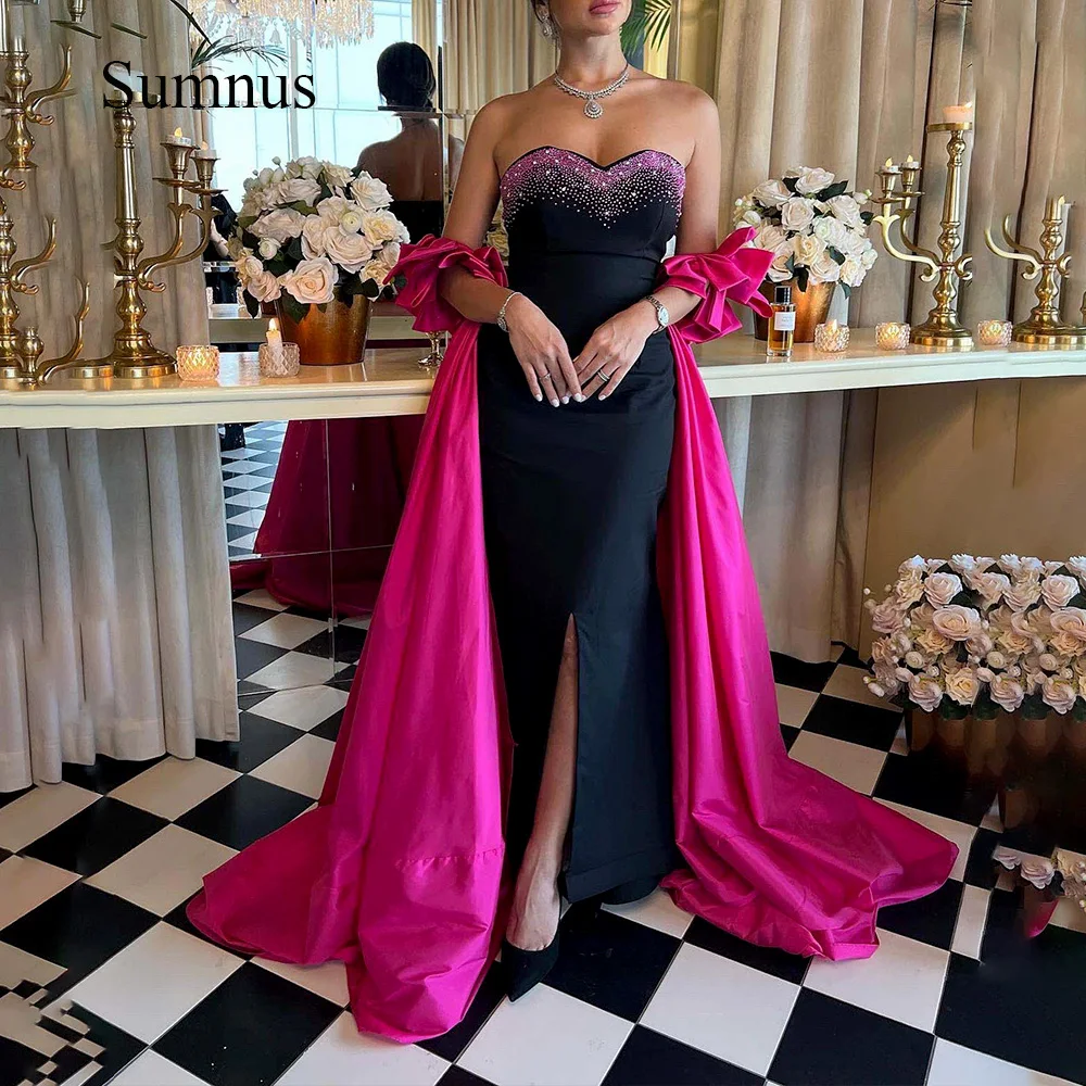 

Sumnus Black Mermaid Evening Dresses Purple Beads Sweetheart Front Slit Formal Evening Gowns Detachable Train Prom Party Gowns