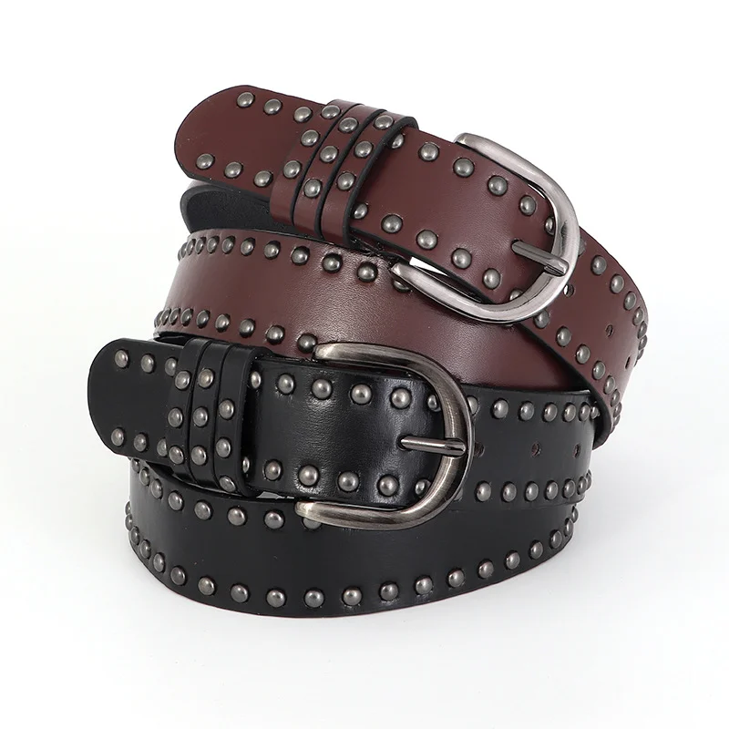 Trendy High-End Denim Versatile Women's Belt Fashionable Soft-Face Buckle Belt with Studs Cool Biker-Style Leather Belts