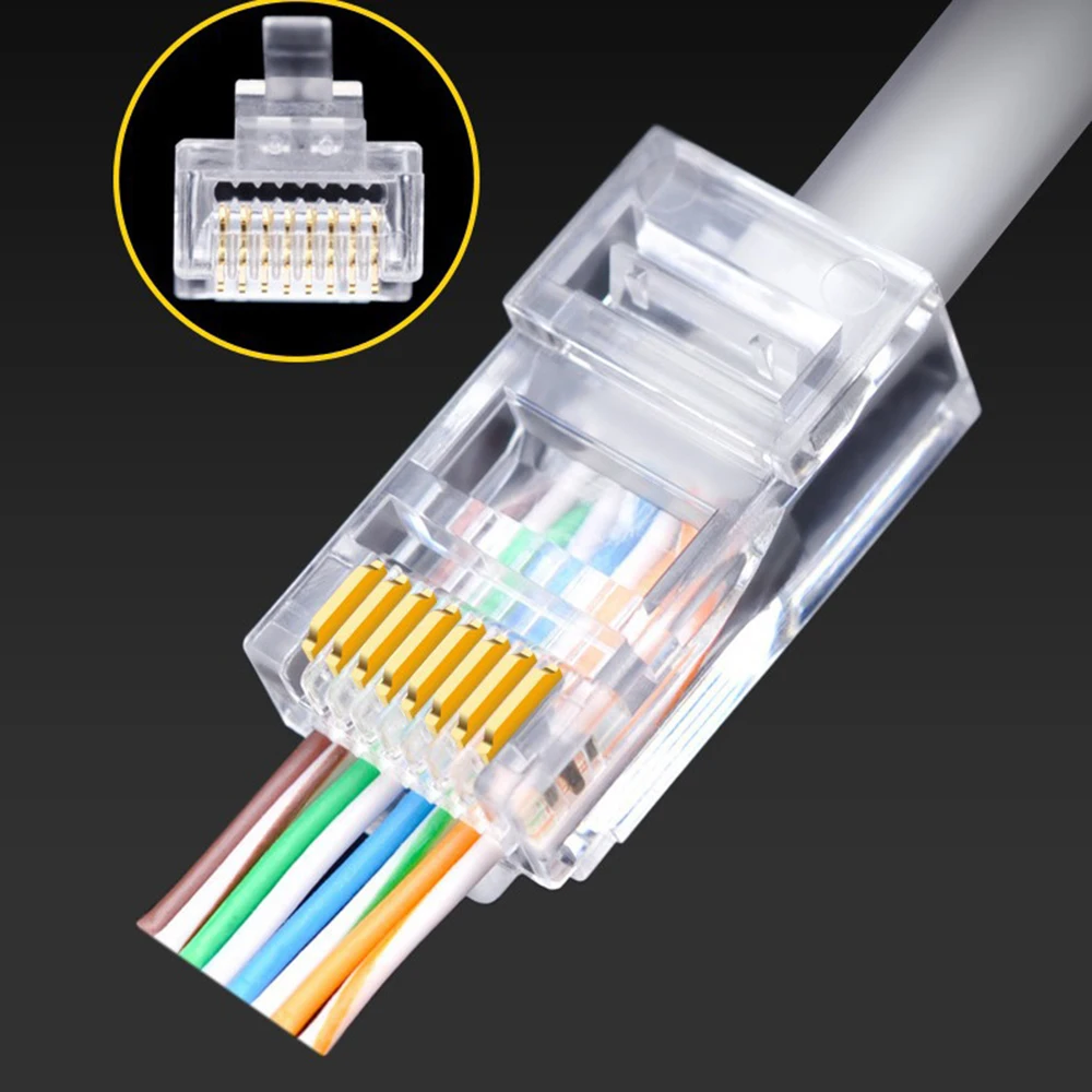10PCS RJ45 Connector Through Hole 8P8C Modular Plug High-gold 50U Aperture 1.02mm Cat5 Flat Cable Network Connector