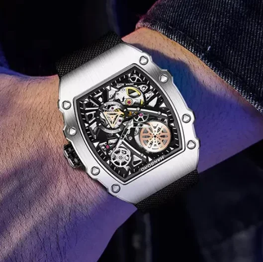 

HANBORO Мужские автоматические часы 40,5 мм Tonneau Механические наручные часы Светящийся водонепроницаемый скелетонизированный циферблат Нейлоновый ремешок