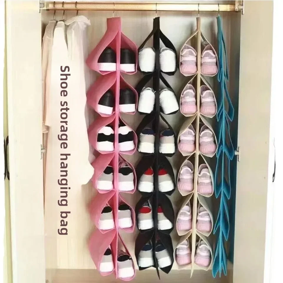 

Closet Hanging Shoe Organizer Door Wall Transparent Clutter Fabric Shoe Bag Portable Shoe Storage Hanging Bag