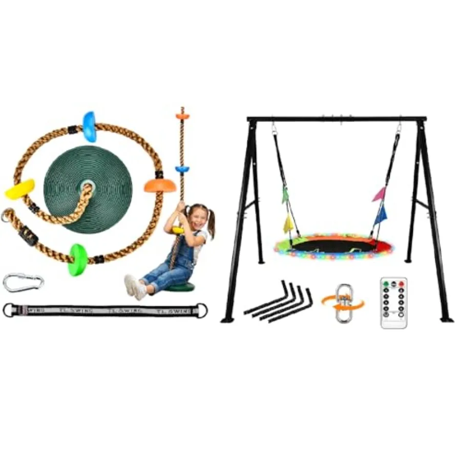 

Outdoor climbing rope set with platforms and disc swing seat, plus 40-inch flying saucer swing; heavy-duty A-frame metal stand,