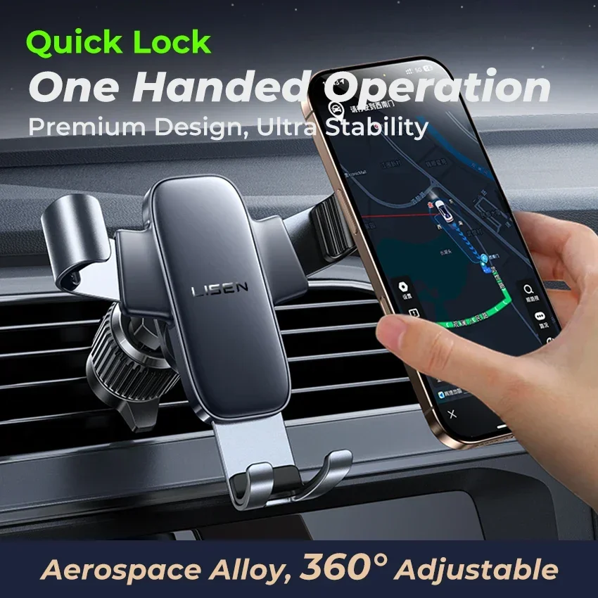 LISEN Nuovo arrivo Lega di alluminio Gravity 360 °   Supporto per telefono per presa d'aria per auto Mini design stabile anti-vibrazione per iPhone