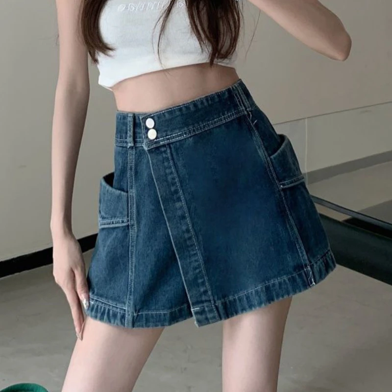 Denim Shorts Women Vintage Hotsweet Simple High Waist Distressed Asymmetrical Streetwear Korean Style Summer Female All-match