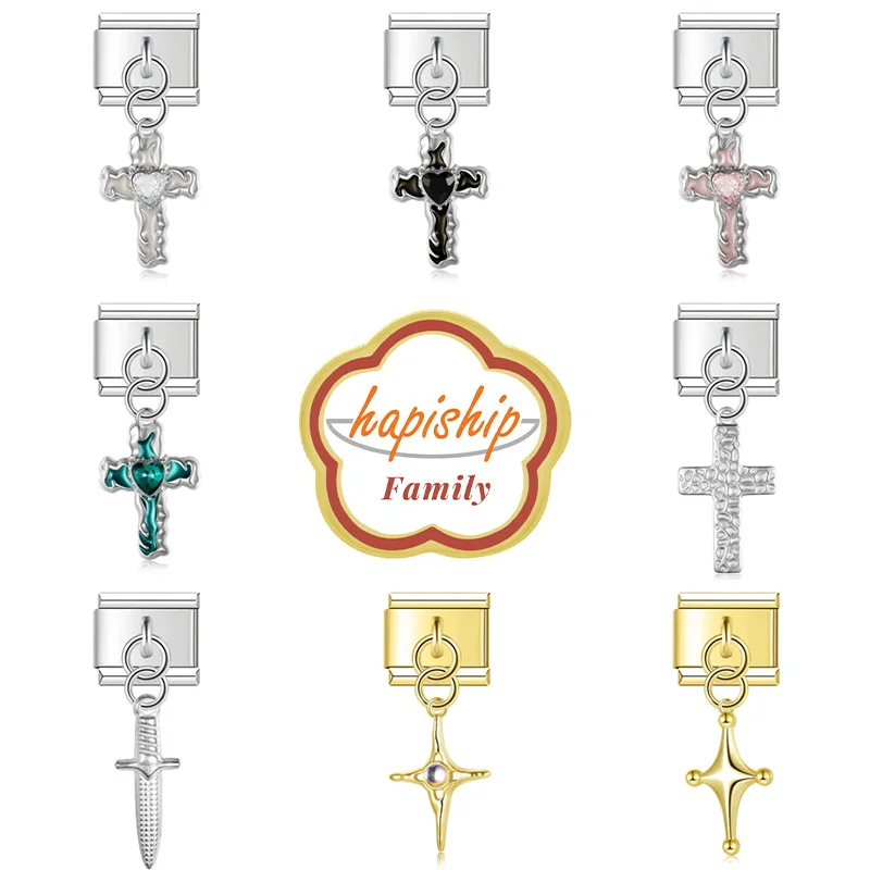 Hapiship Family 2024 Women Fashions Cross Star Charm Italian Links Fit 9mm Bracelet Stainless Steel Making DIY Jewelry NEW378