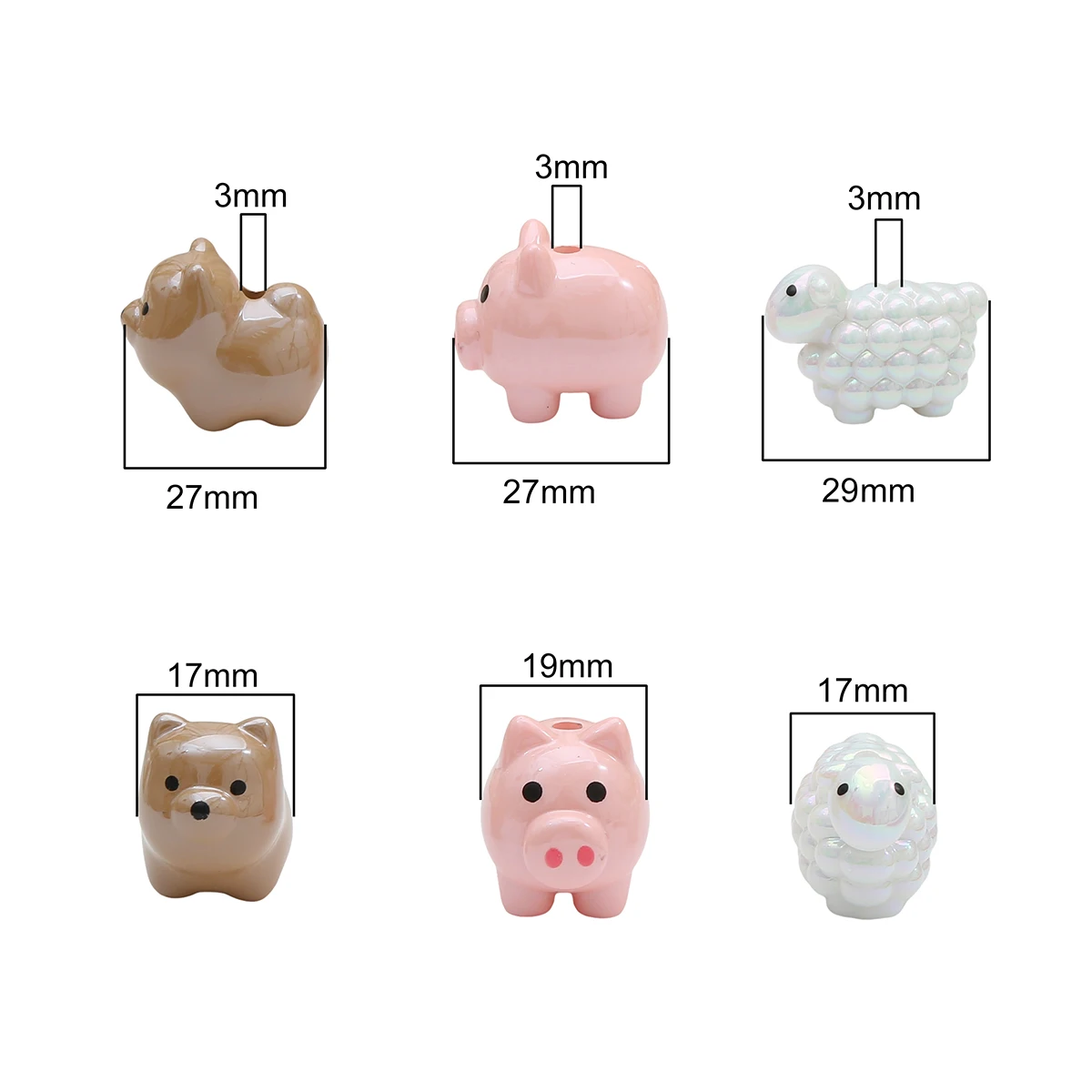 Perles d'animaux en acrylique, mouton, cochon, UV, trou de dessin animé, perles amples peintes à la main, pour bricolage, bijoux artisanaux, accessoires de fabrication