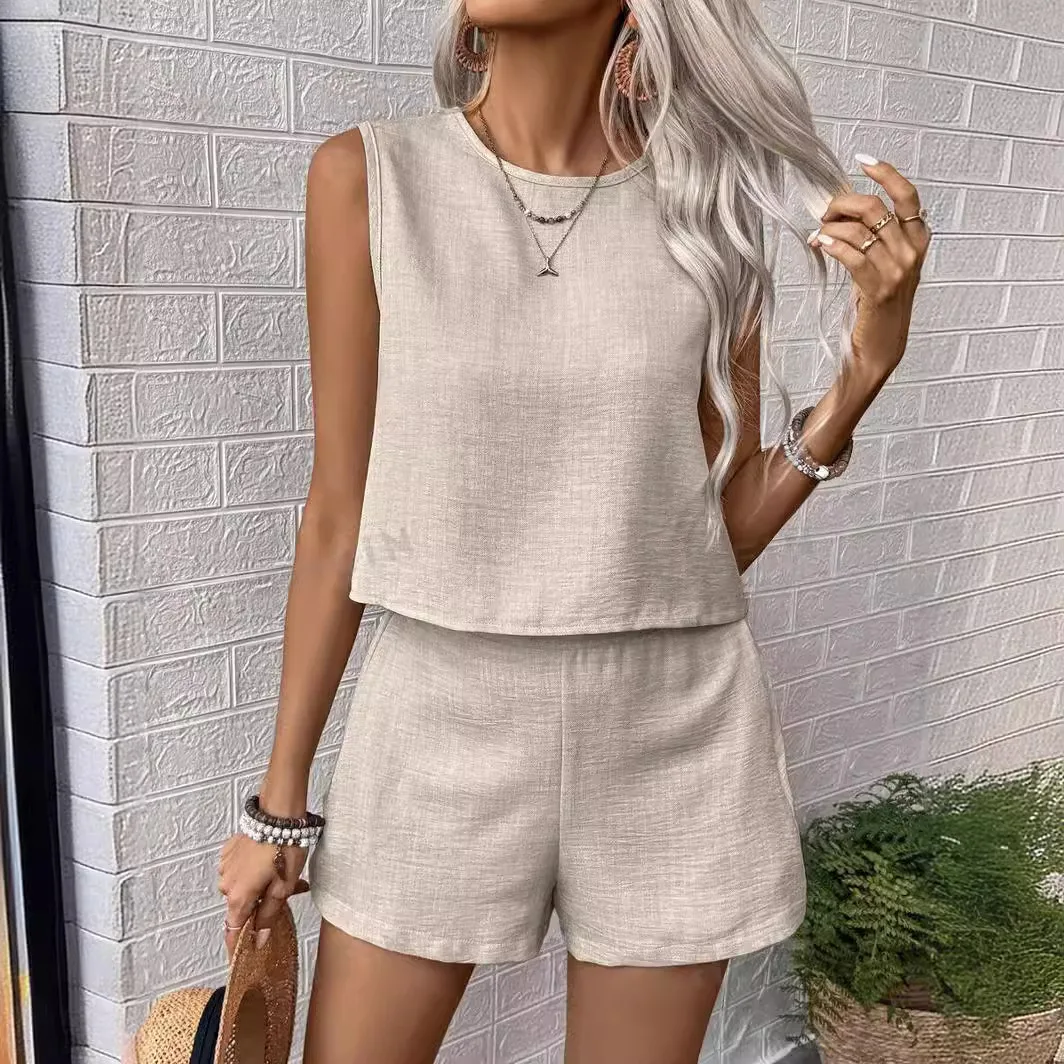 2 Piece Sets Women Summer Sleeveless Vest with Wide Leg Shorts Vacation Beach Short Pant Suit Pockets Vintage Crop Tops Outfits