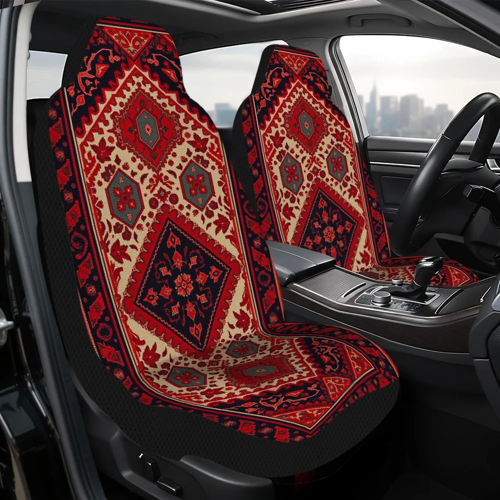 2D Flat Printing, 2pcs, Modern Red Geometric Ornament Design Front Seat Covers, Perfect Gift For Daily Commuters, Lightweight De