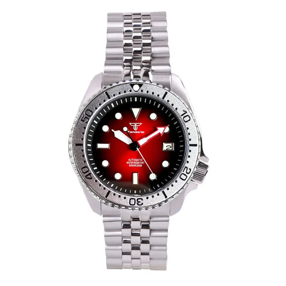 Tandorio NH35A Movt 3.8 Crown Mechanical Automatic Men Watch Sunburst Red 20bar Wristwatch 120clicks Bezel Steel Bracelet