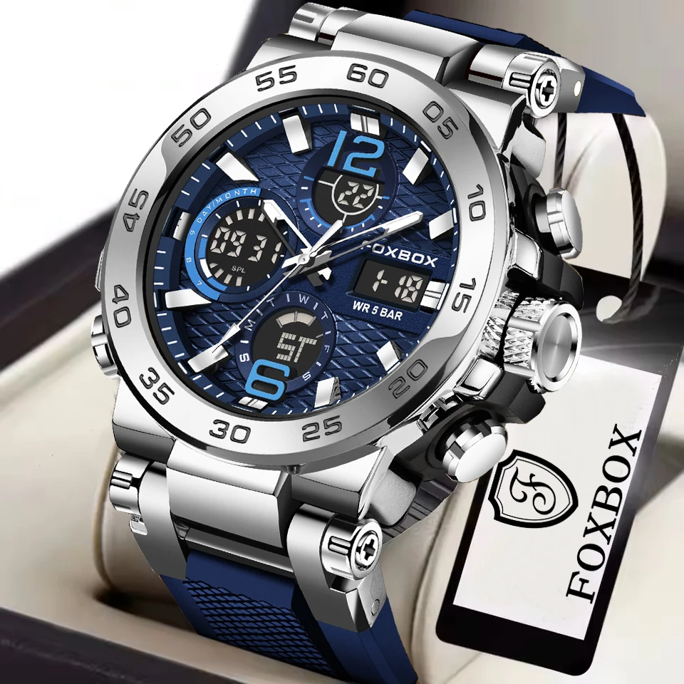 FOXBOX Fashion Business LED Backlight Alarm Quartz Chronograph Clock Male Waterproof Luminous Diving Watch Men Reloj Hombre+Box