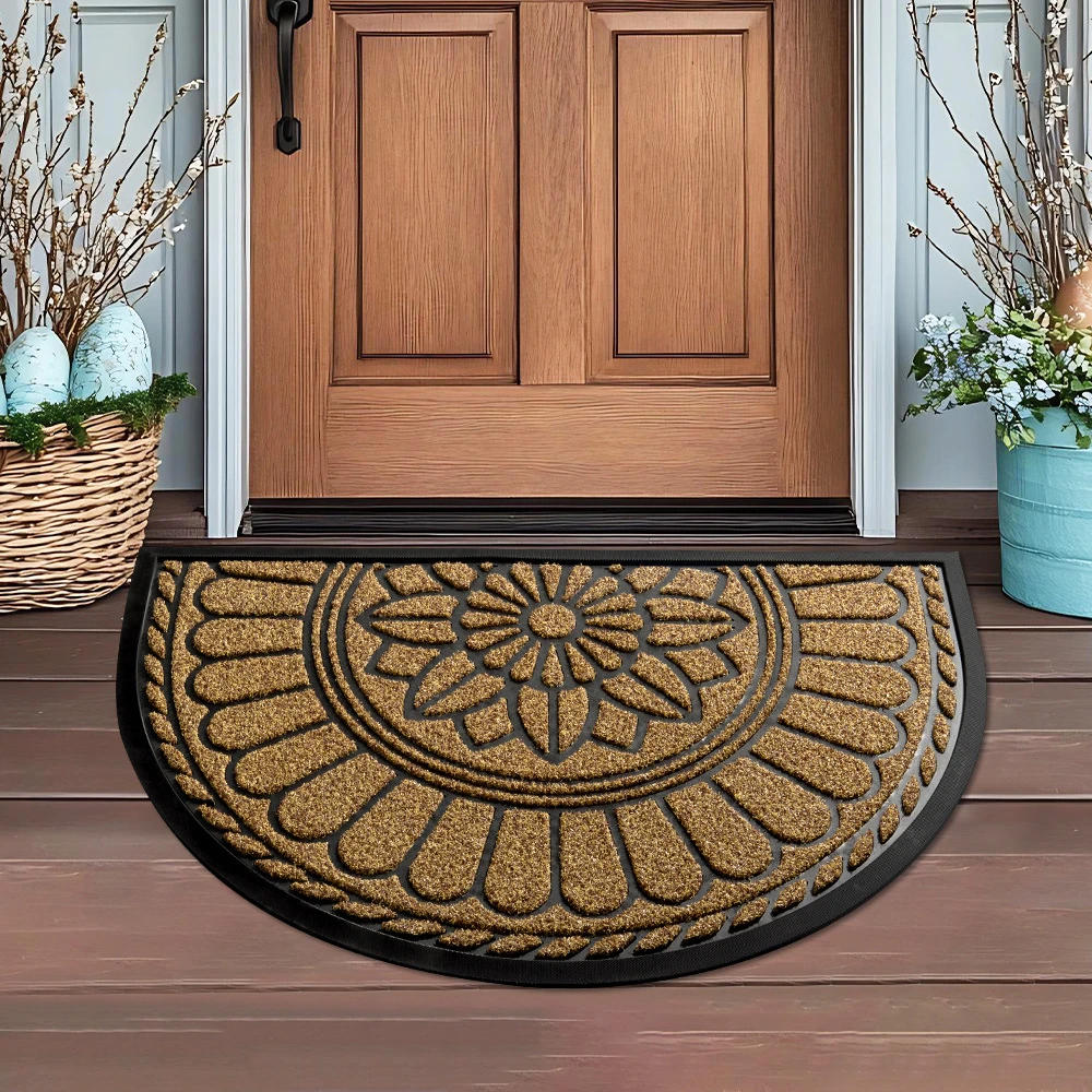 Dark Gray Non-Coir Embossed Floral Half Round Doormat & Entryway Floor Mat for Modern Minimalist Front Entry Space