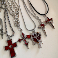 Y2k Red Cross Love Heart Pendants Necklace for Women Men Fashion Hip Hop Rope Chain Rave Gift Gothic Trendy Jewelry Accessories