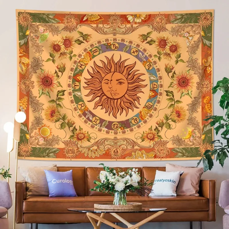 

1pc Sun Moon Fantasy Tapestry, Retro Ethnic Wave Simia Tapestry, Sunflower Constellation Aesthetic Wall Hanging 180x320cm