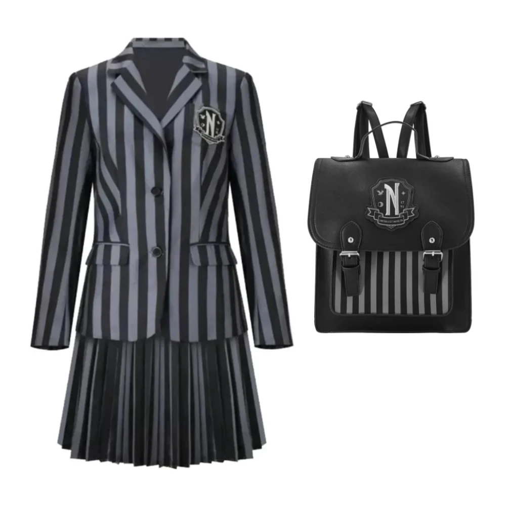 

Wednesday Addams Cosplay Family Costume Adult Kids Nevermore School Uniform Suit Birthday Dresses Party with schoolbag