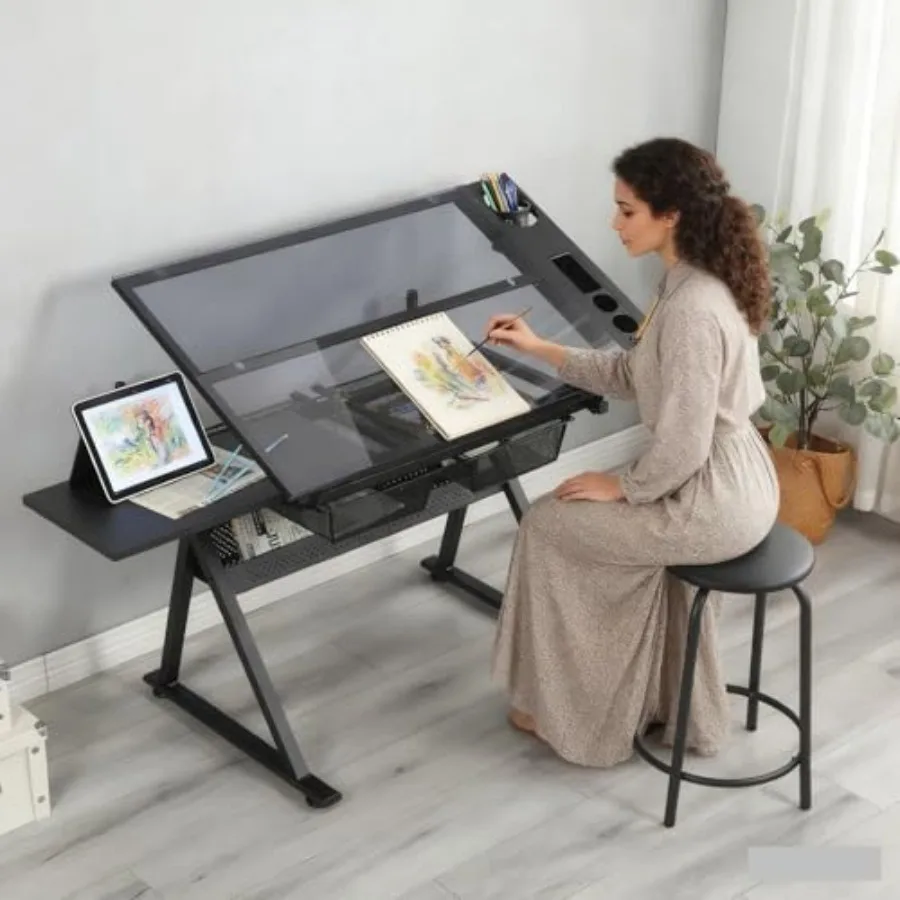 Drafting Table 0-75° Tilting Glass Tabletop Drawing Table with Stool - Adjustable Height Art Desk with Multi-Storage for Sketch