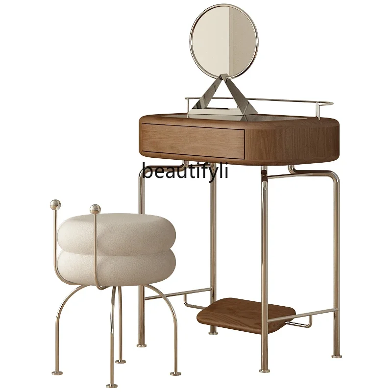 

S Small Apartment Dressing Table Solid Wood Retro Black Bedroom Glass Surface Stainless Steel Art Mini Makeup Stool
