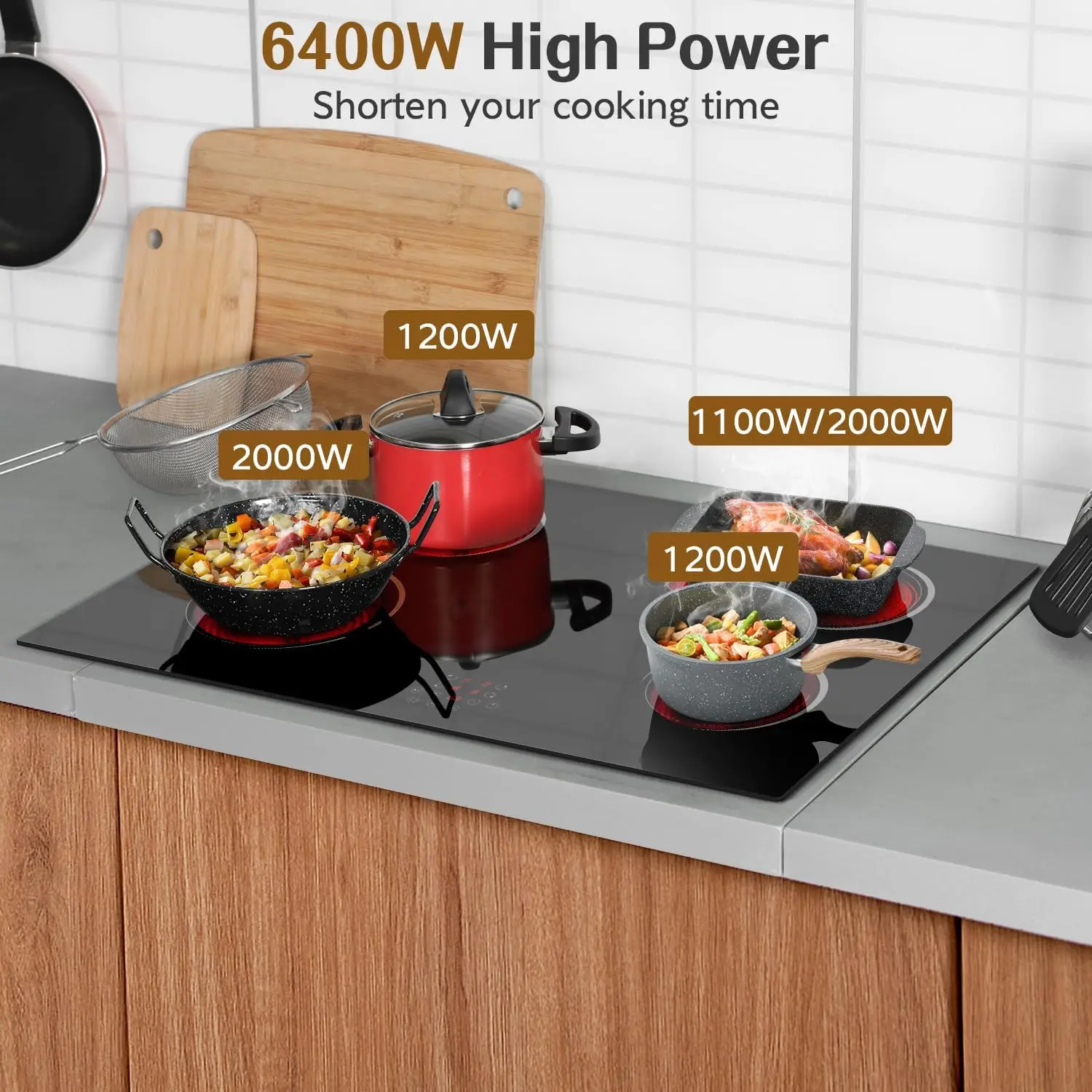 Электрическая варочная панель с 4 конфорками, электрическая плита мощностью 6400 Вт с сенсорным управлением, встроенная керамическая варочная панель, пауза, предохранительный замок, удлинение