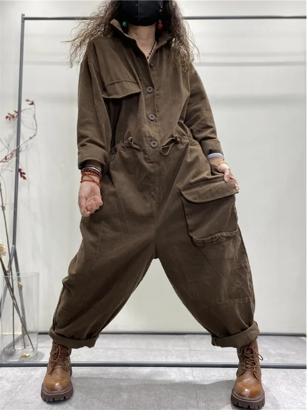 

Authentic One-Piece Suit Casual Artistic Loose Wide-Leg Pants Retro Style Women's Premium Quality Cotton Overall Pants