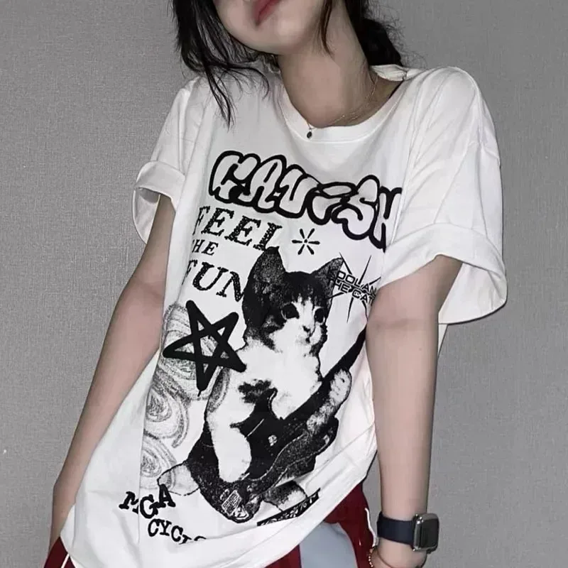 Women's Summer American Cat Rock Guitar Pattern Short Sleeve T-shirt Round Neck Loose Korean Fashion Y2k Street Wear