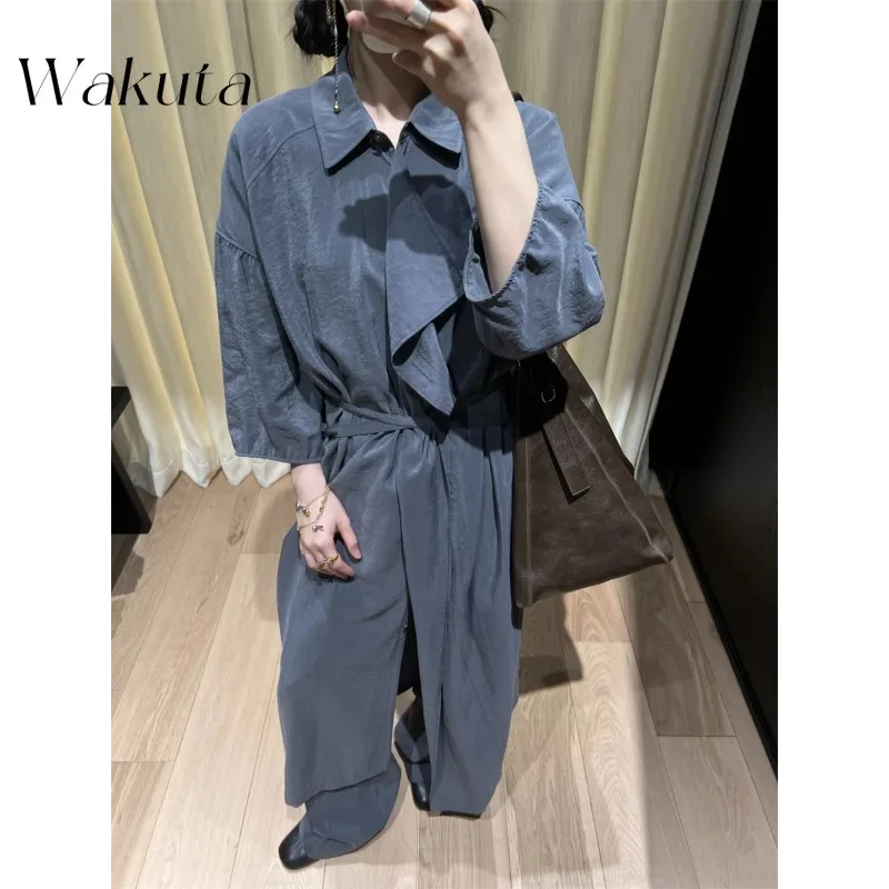 

WAKUTA Japan Y2k Summer Casual Lapel Buckle Waist Rope Shirt Dress Simple Solid Color Commuting Maxi Vestidos De Tricô Femenino