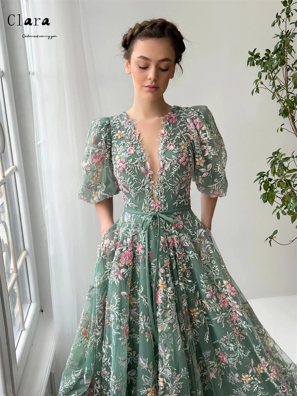 Clara personalizado a linha flor com decote em v rendas vestidos de noite 2025 mulher de luxo elegante vestido de noite longo vestido de baile feminino