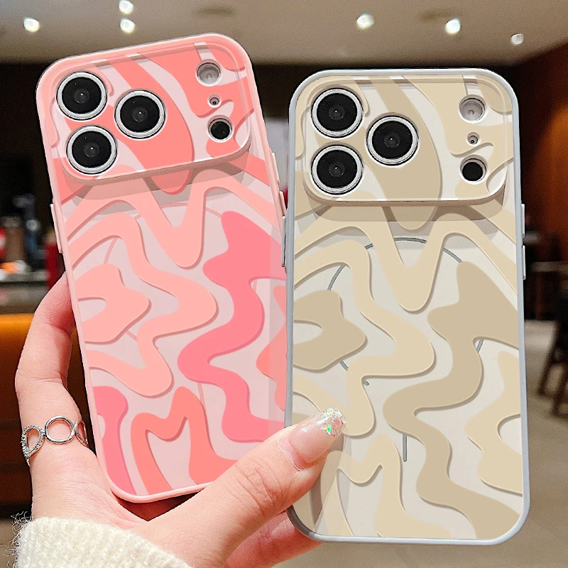 Capa Magnética com Padrão de Listras e Leopardo para iPhone 17 16 15 14 13 Pro Max, Compatível com Carregamento Sem Fio Magsafe, Proteção de Lente, Capa Dura para Celular