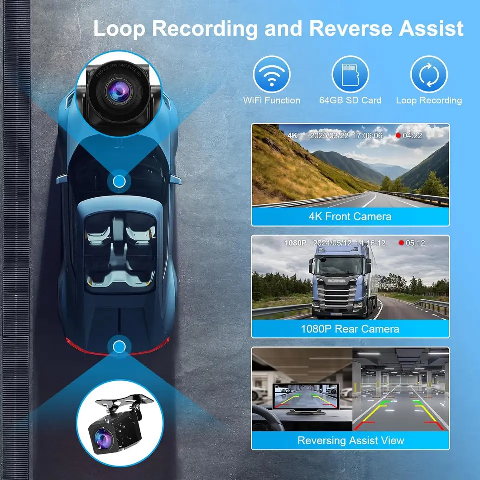 Develuck 10.26 inch Wireless Carplay Android Auto 4K Dash Camera