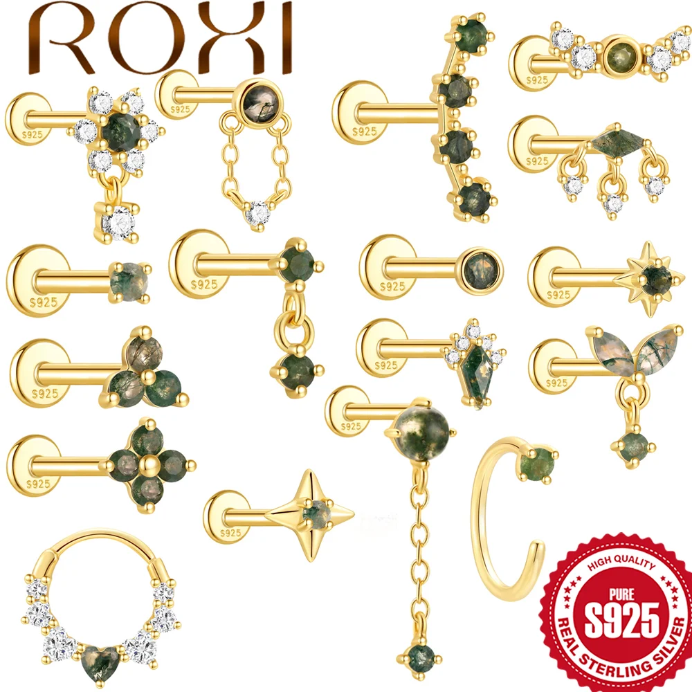 

ROXI 925 Sterling Silver Natural Moss Agate Star/Round Tassel Piercing Earring For Women Elegant Everyday Wear Jewelry серьги